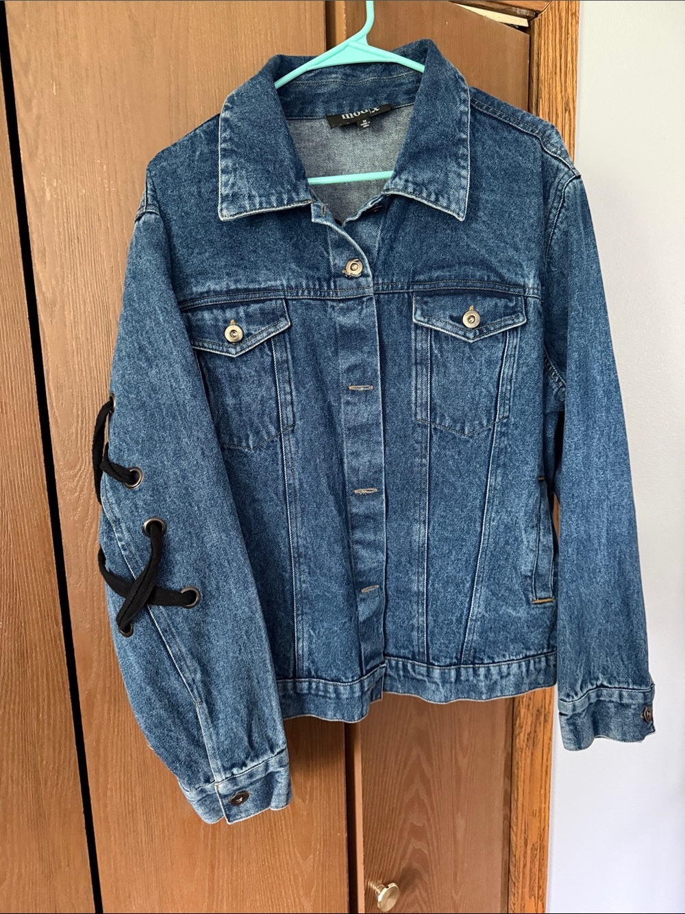 Denim Lace-Up Sleeve Jacket - Blue